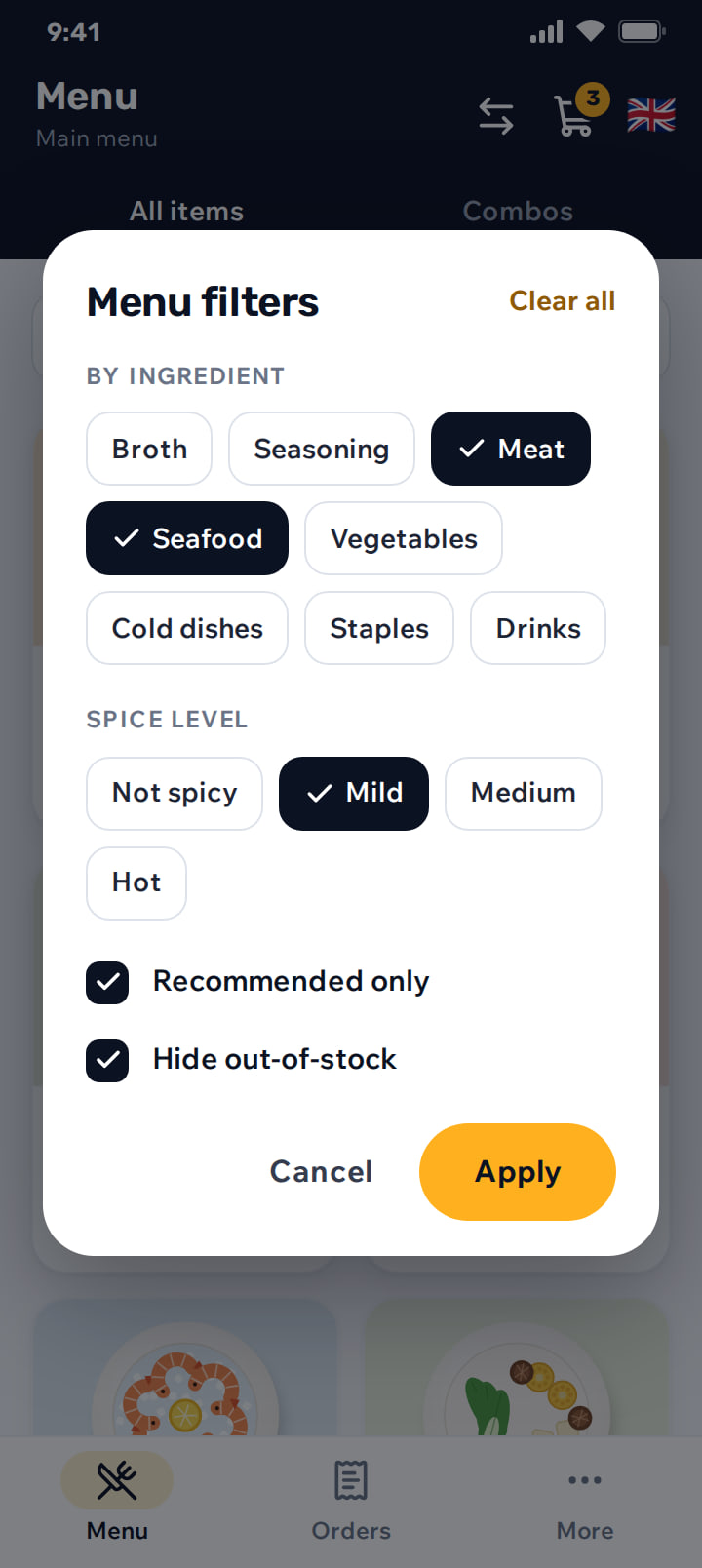 Filter sheet with ingredient groups and spice levels
