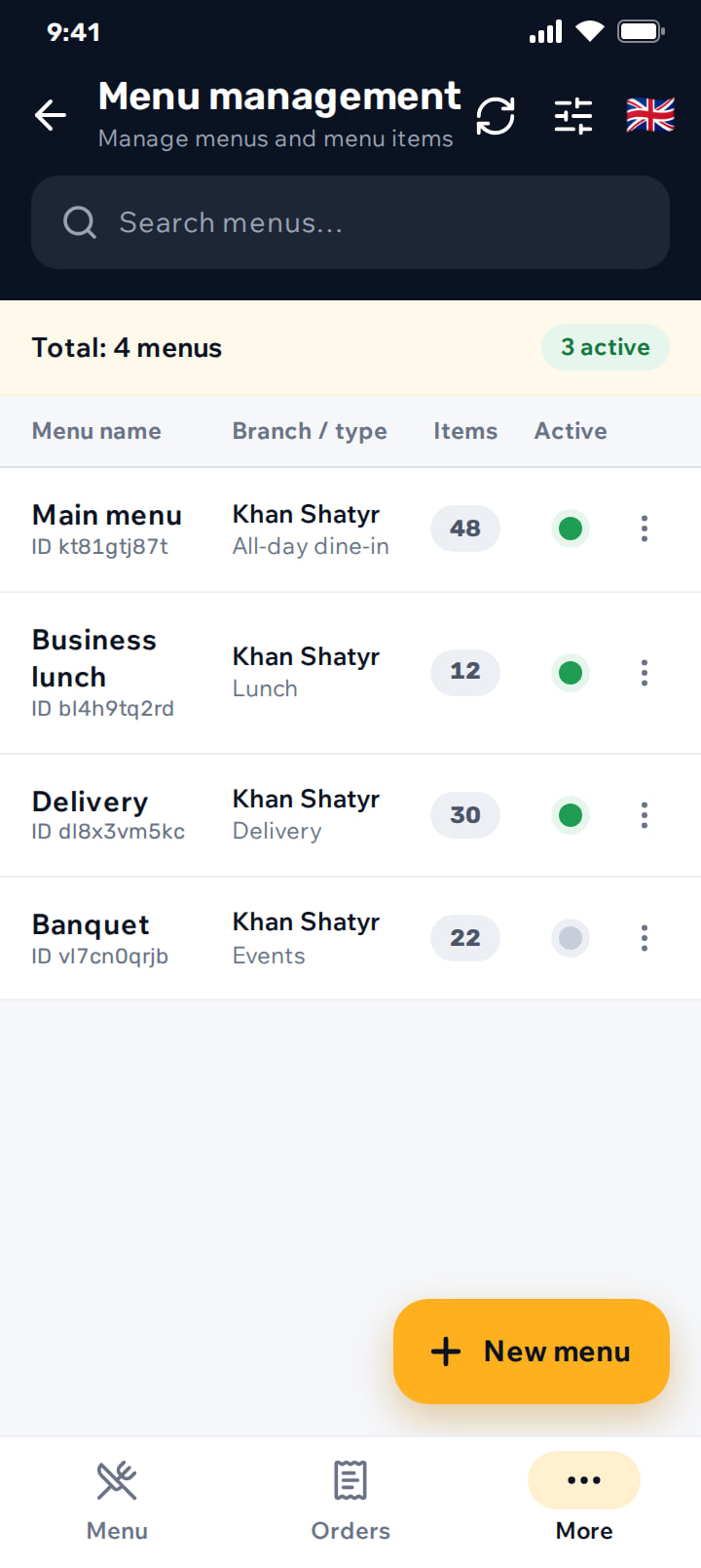 Menu management list showing menus per branch with item counts