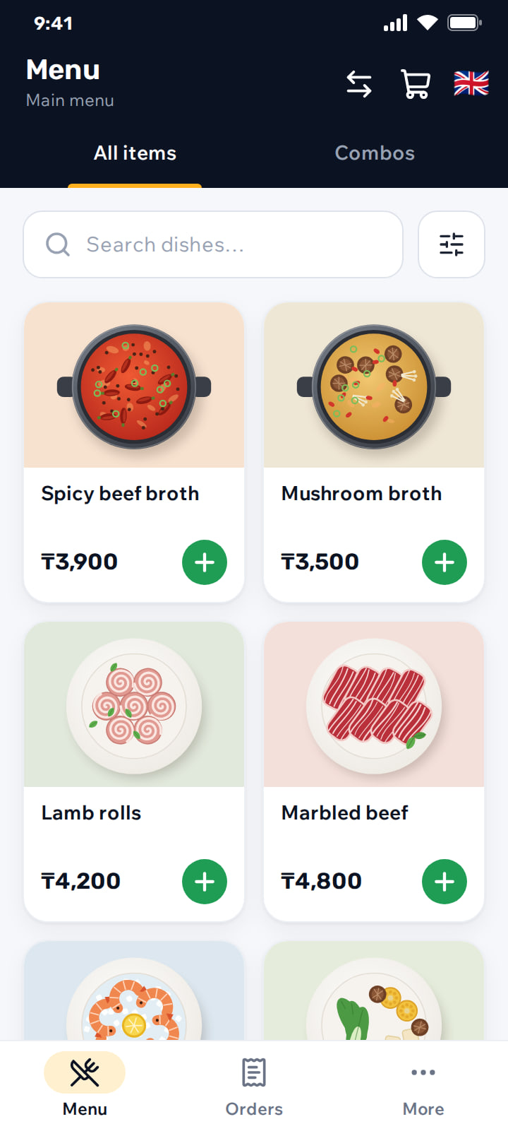 Menu grid with dish pictures, names and prices