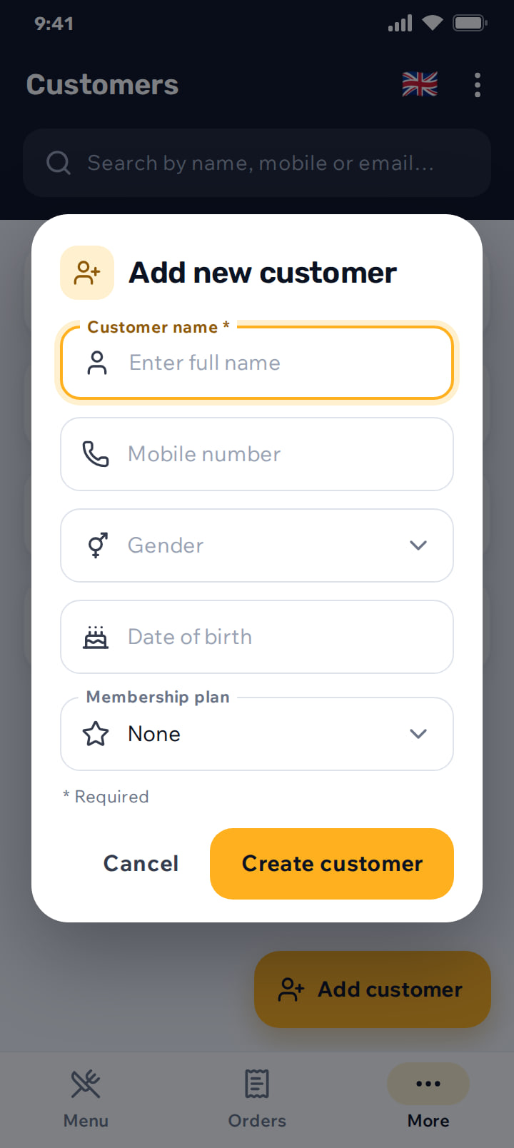Add new customer dialog with name, mobile, gender, birthday and membership plan