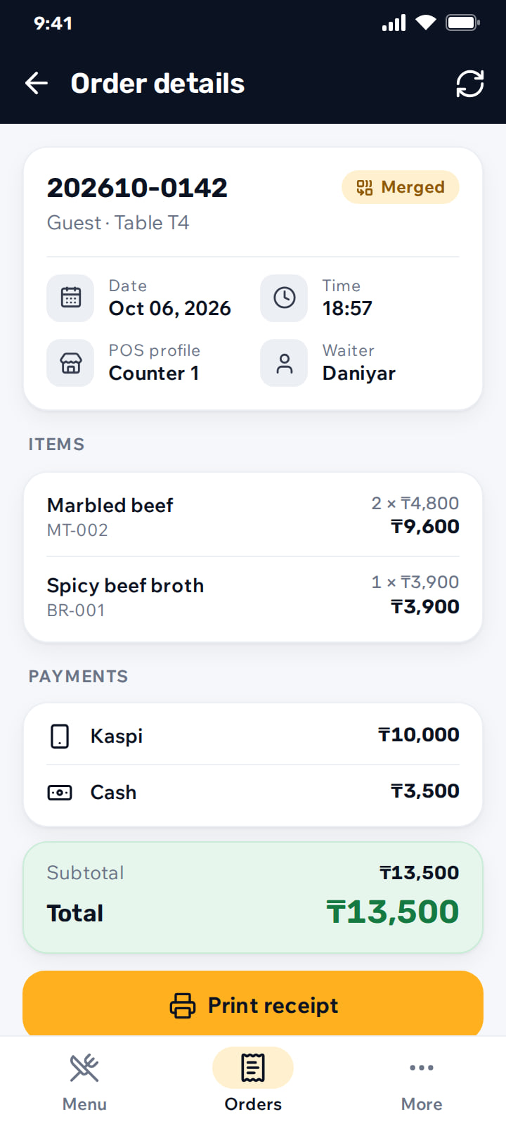 Order detail with items, payment and totals, and a print receipt button
