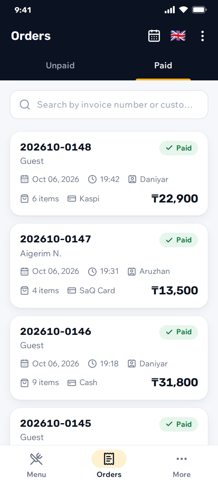 Paid orders list with invoice numbers, dates, cashier and totals