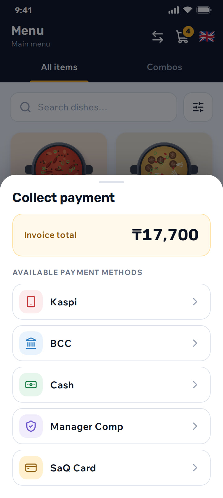 Payment sheet listing Kaspi, BCC, Cash, Manager Comp and SaQ Card