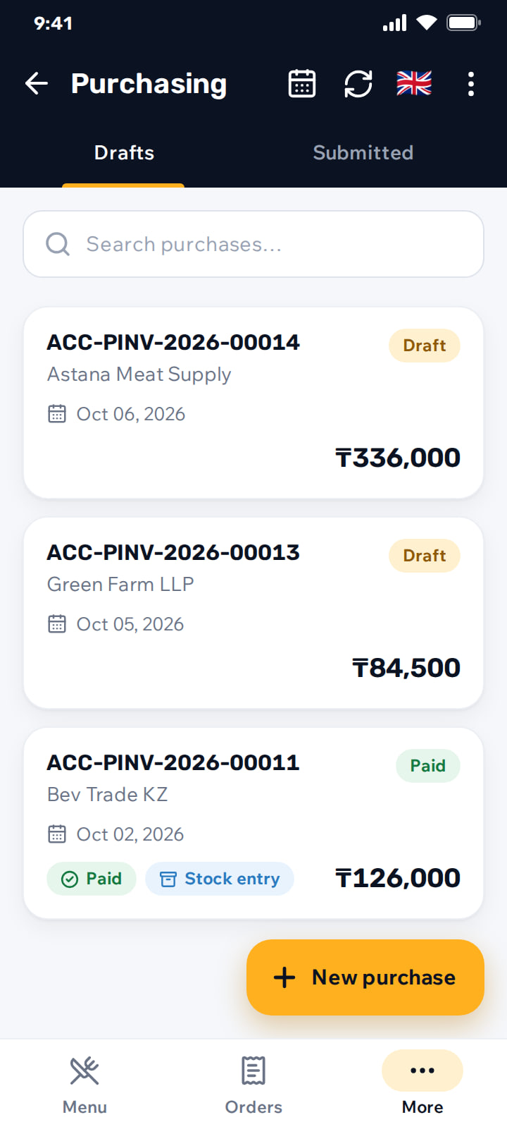 Purchase invoices list with draft and paid statuses
