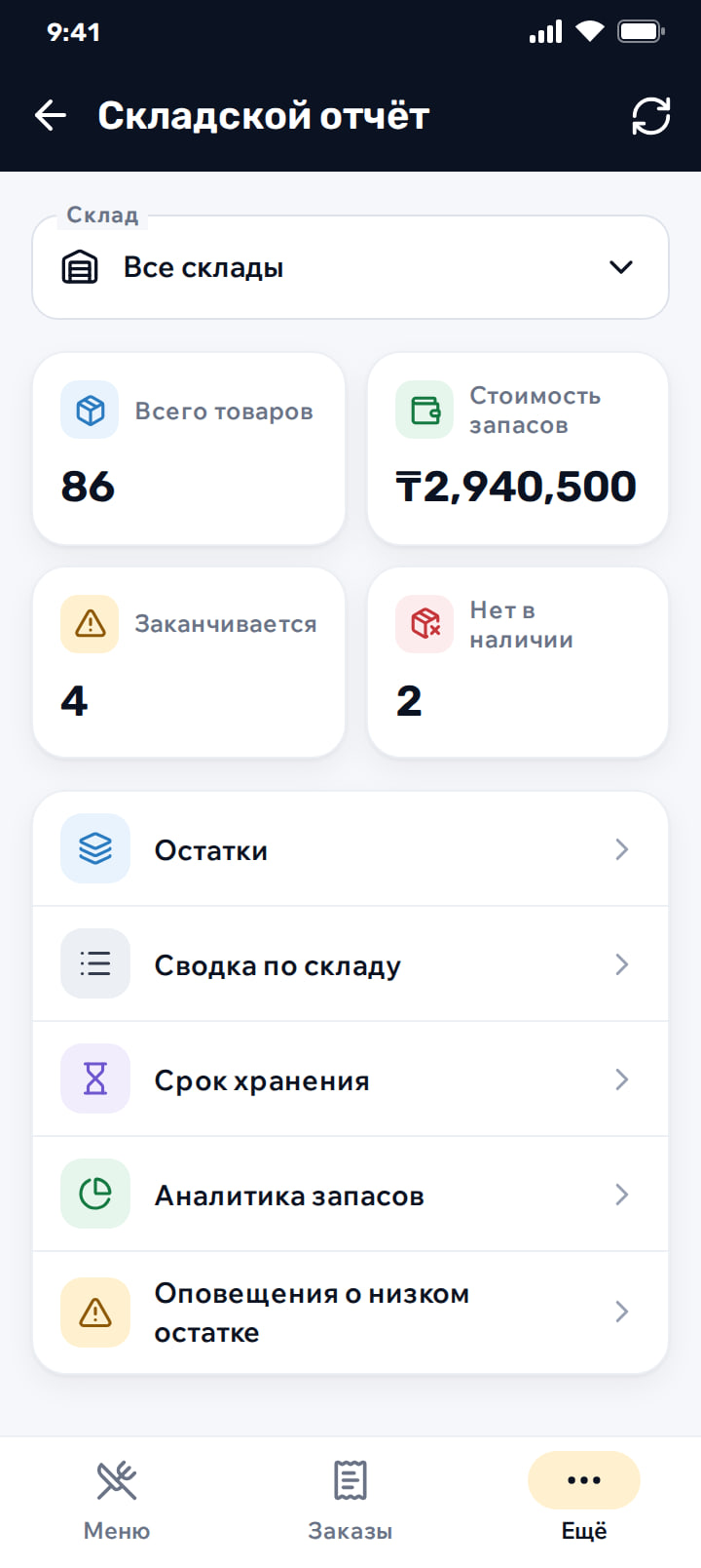 Отчёт по складу с количеством позиций, стоимостью запасов, малым и нулевым остатком