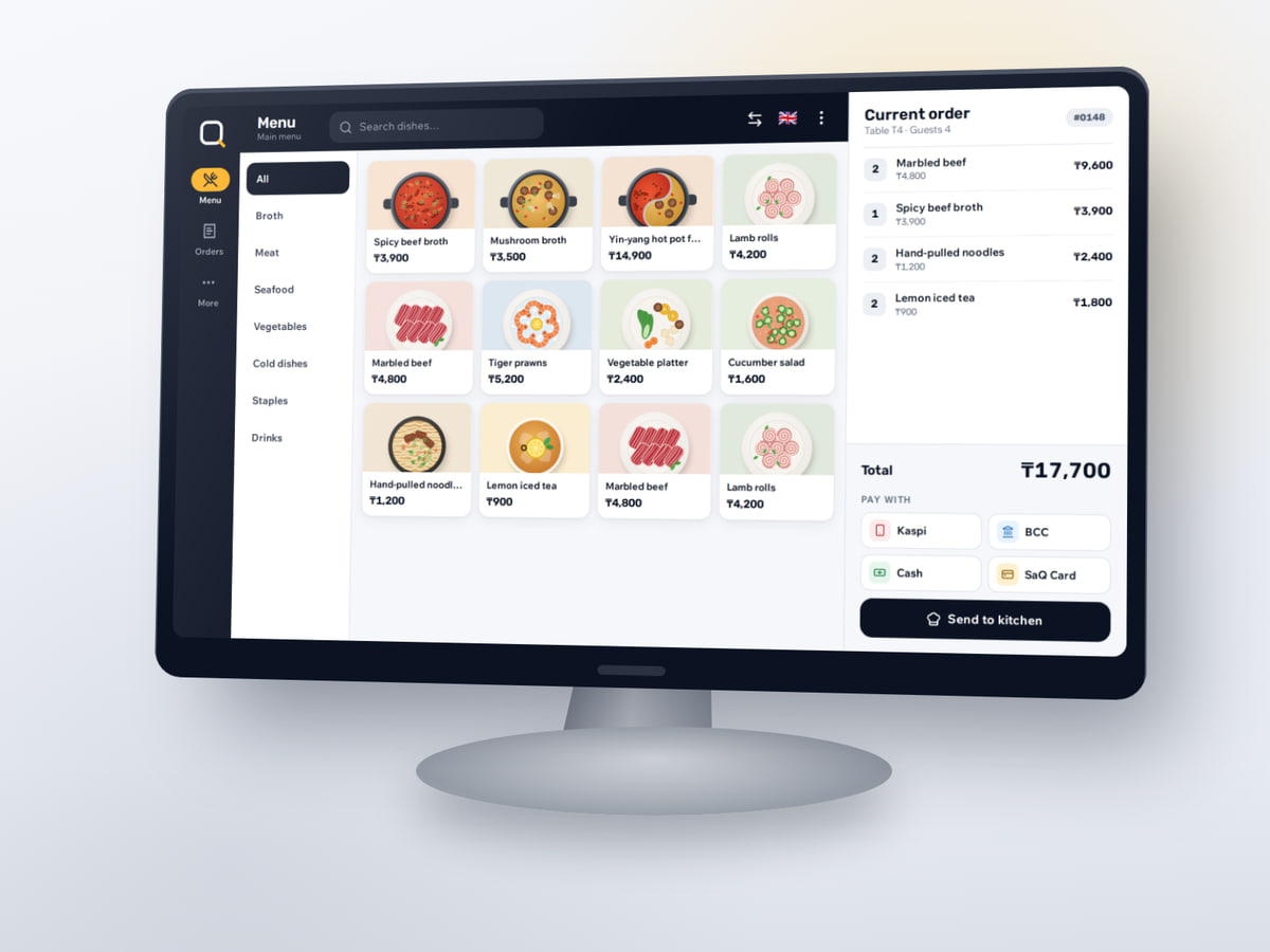 All-in-one touchscreen POS terminal on a stand, showing categories, dishes and the current order