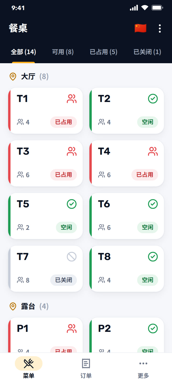按大厅和露台分组的餐桌列表，含座位数和每张餐桌的状态